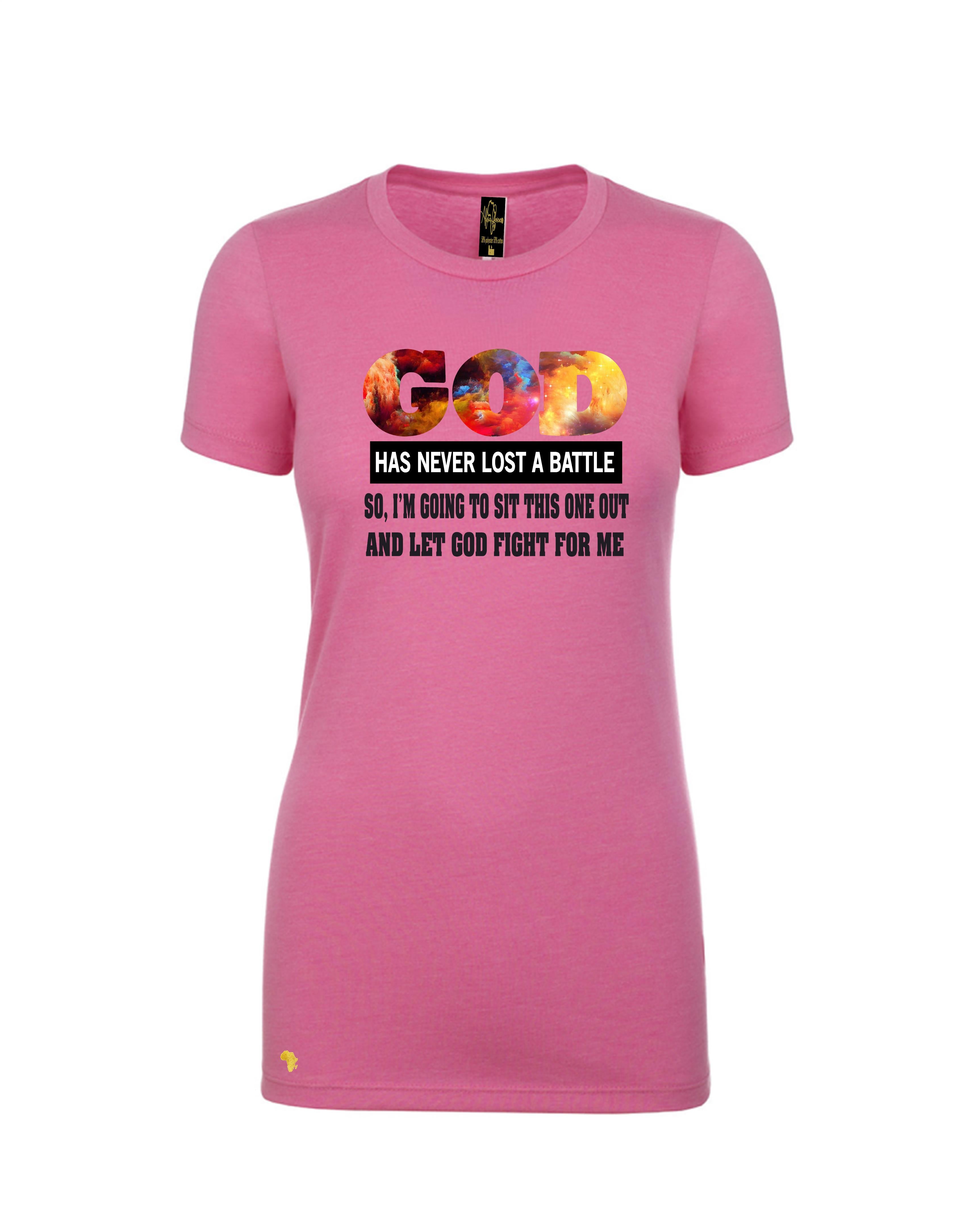 Pink GOD fight my battles, T-shirt with bold Christian message 'urging you to relax and trust GOD, comes in different color graphic. Ideal for church wear, and any event reminding us to trust GOD and be more prayerful and have faith and trust that all is well. 