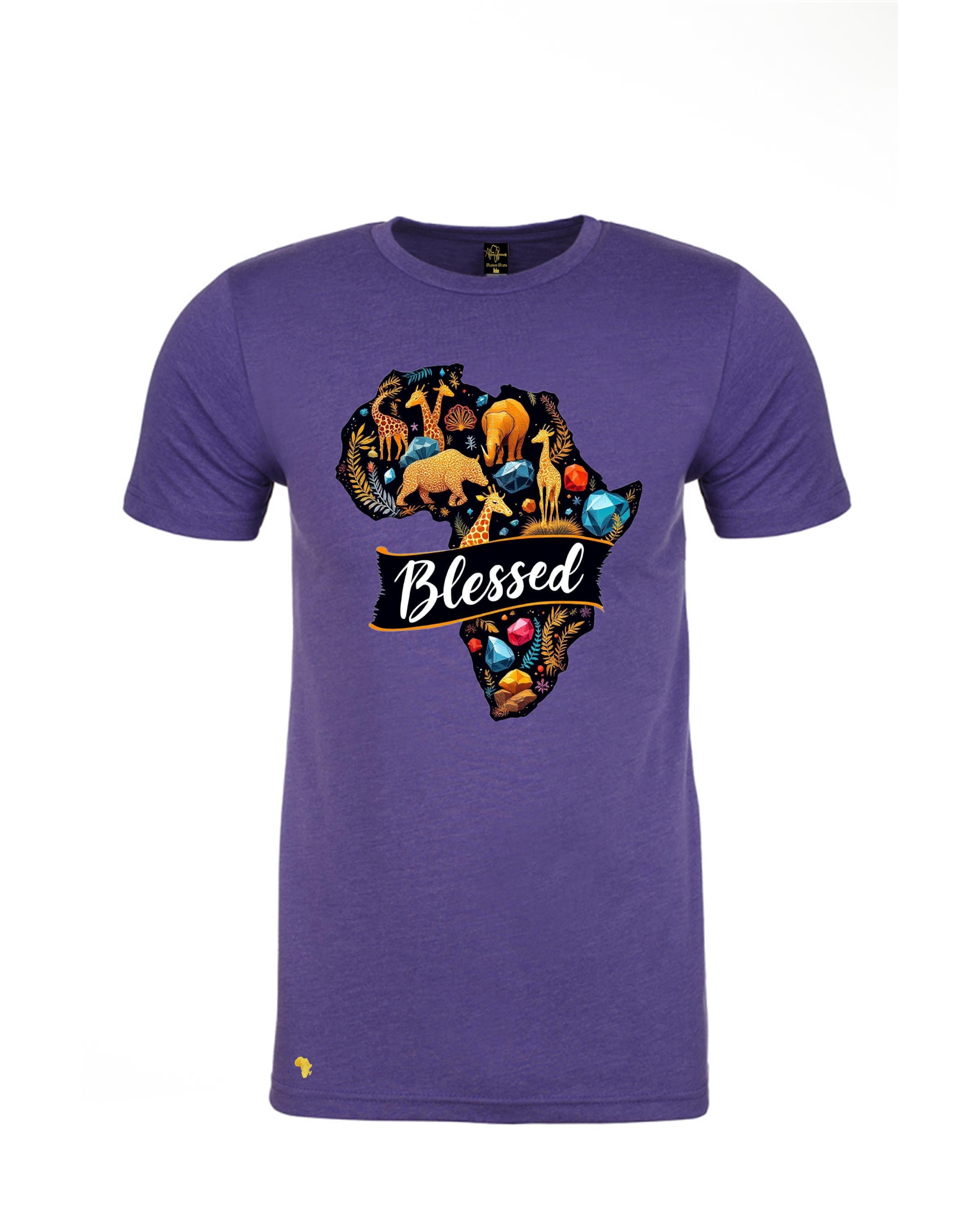 Purple Africa is BLESSED T-Shirt featuring vibrant West African painting and showcasing all that Africa is blessed with in terms of the resources, animals, wildlife, people, minerals and so much more. Perfect for Christian streetwear fashion, and any occasion. 