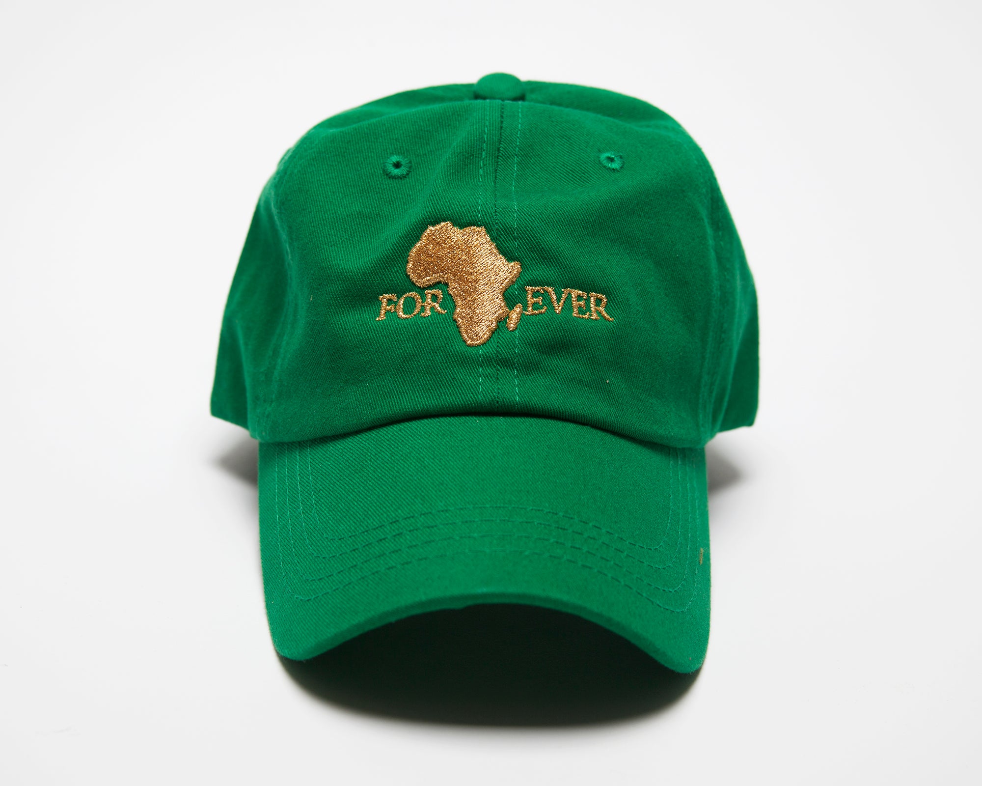 Africa Forever Original green baseball/dad hat with our signature Embroidery gold logo. One size fit all and adjustable strap.  Represent Africa anytime you put on this classic cap. 