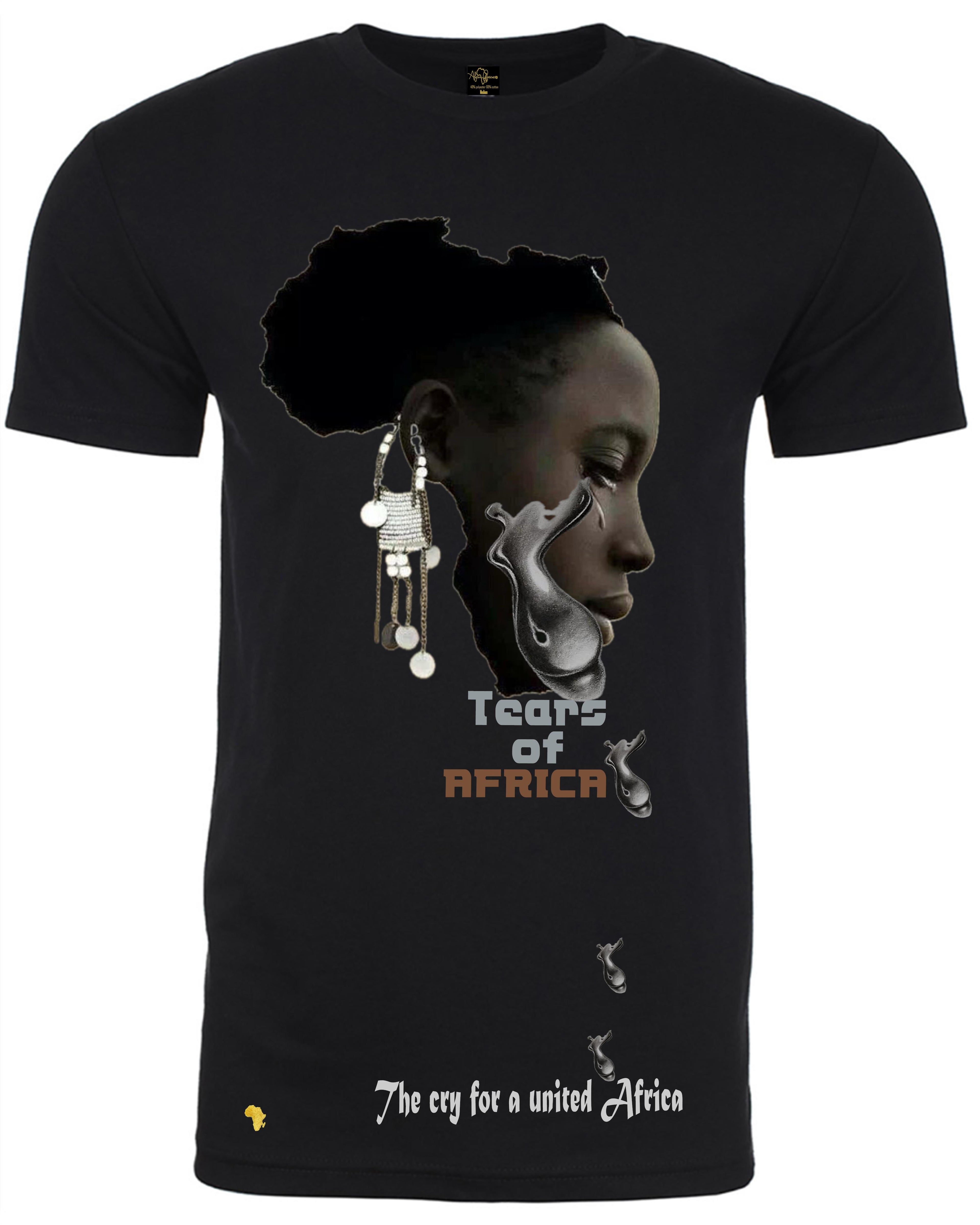 Tears of Africa T-shirt featuring a powerful African woman's profile with silver tear-shaped elements and text promoting African unity and peace.